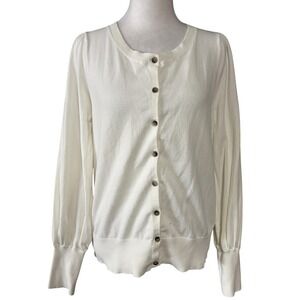 Boden Sweater Cardigan Womens Medium White Cotton Blend Crewneck Long Sleeve